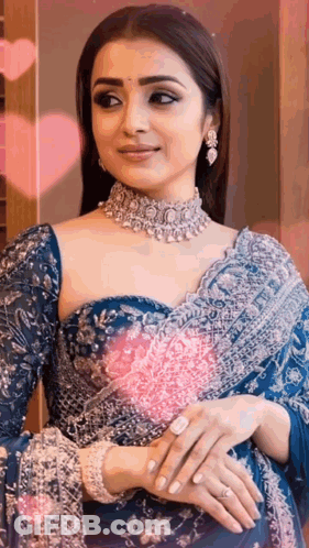 Woman In Blue Saree And Necklace GIF