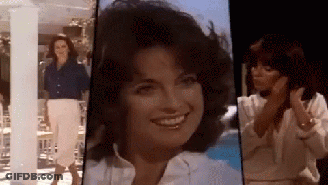Woman In Blue Shirt And White Pants Smiling In Collage GIF