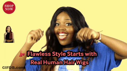Woman In Blue Shirt Flawless Style Starts With Real Human Hair Wigs GIF