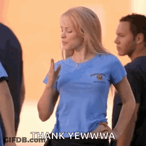 Woman In Blue Shirt Hands On Hips Thank Yeah Wa GIF