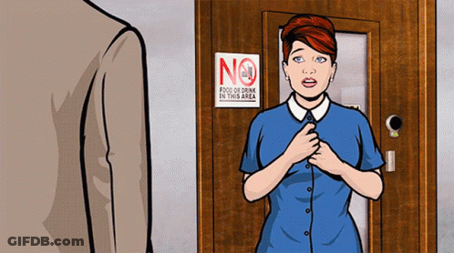Woman In Blue Shirt In Front Of No Food Or Drink Sign GIF