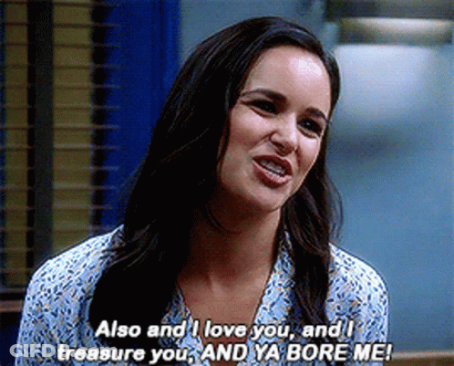 Woman In Blue Shirt Says Also I Love You I Treasure You Ya Bore Me GIF