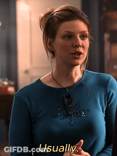 Woman In Blue Shirt Says Usually In Yellow Letters GIF