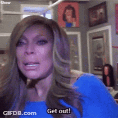 Woman In Blue Shirt Screaming Get Out GIF