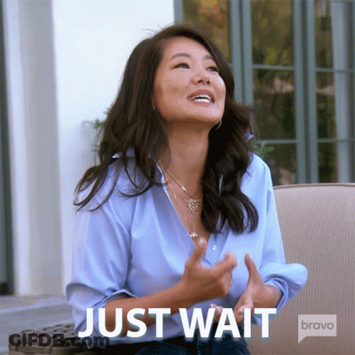 Woman In Blue Shirt Sitting On Couch Just Wait GIF