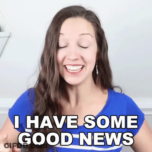 Woman In Blue Shirt Smiling Saying I Have Some Good News GIF