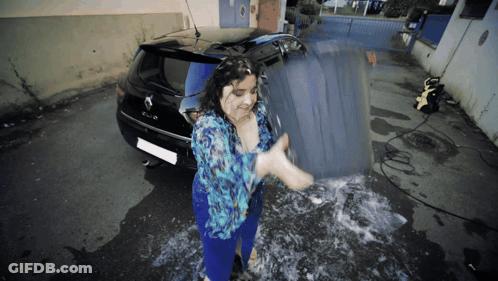Woman In Blue Shirt Washing Black Renault Clio GIF