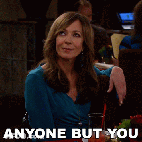 Woman In Blue Shirt With Drink Saying Anyone But You GIF