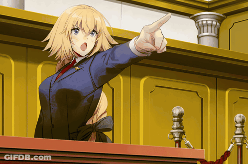 Woman In Blue Suit And Red Tie Pointing Finger GIF