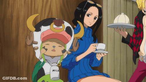 Woman In Blue Sweater Holding Coffee Next To Person In Cow Costume GIF
