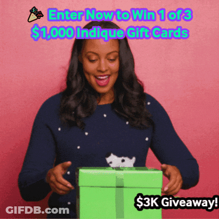 Woman In Blue Sweater Holding Gift Box Enter Now To Win $1,000 Gift Cards GIF