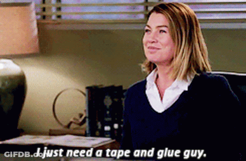 Woman In Blue Sweater Saying I Need Tape And Glue GIF