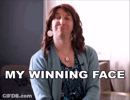 Woman In Blue Sweater Saying My Winning Face GIF