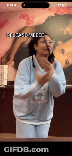 Woman In Blue Sweater Says Release Meeee GIF