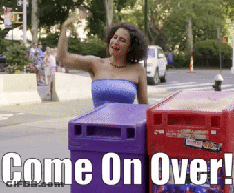 Woman In Blue Top Standing Next To Red Trash Can Come On Over GIF