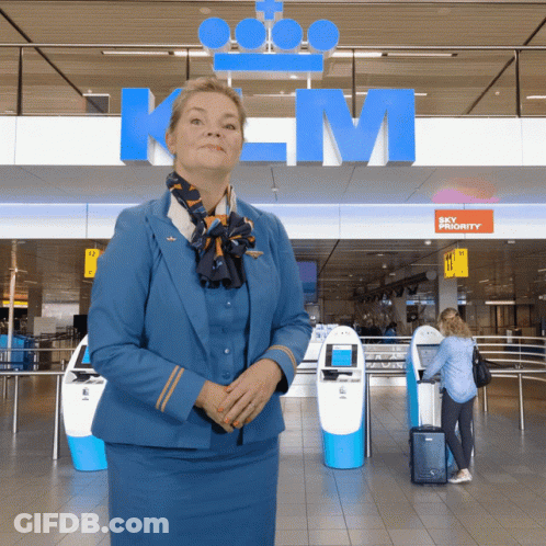 Woman In Blue Uniform At Sky Priority Sign GIF