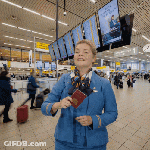 Woman In Blue Uniform Holding Passport At Departures Vertrek Sign GIF