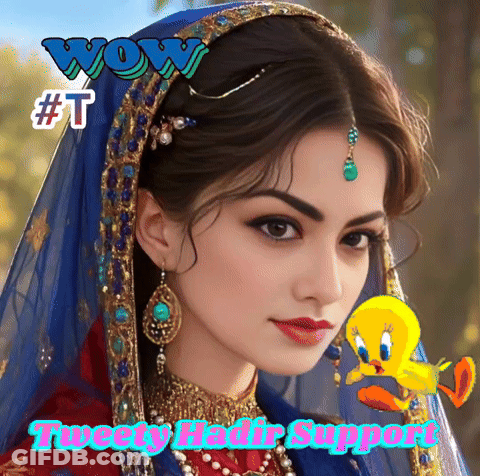 Woman In Blue Veil With Tweety Behind Her Saying Wow Tweety Hadir Support GIF