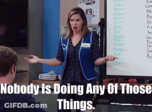 Woman In Blue Vest Saying Nobody Is Doing Any Of Those Things GIF