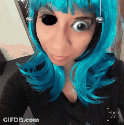 Woman In Blue Wig Taking Selfie With Photo Lab Watermark GIF