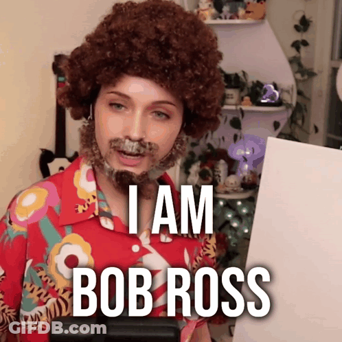 Woman In Bob Ross Costume Holding Paper GIF