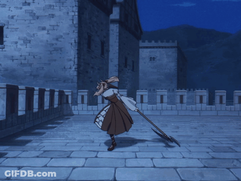 Woman In Brown Dress Holding Long Stick GIF
