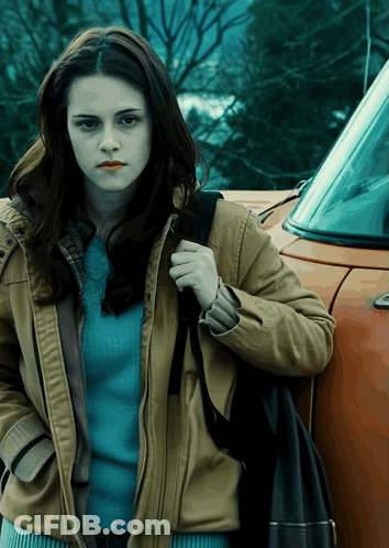 Woman In Brown Jacket And Blue Sweater Beside Orange Car GIF