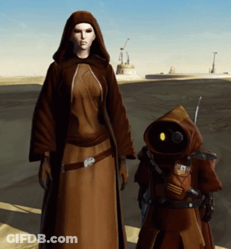 Woman In Brown Robe Next To Small Robot GIF