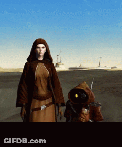 Woman In Brown Robe Next To Small Robot GIF