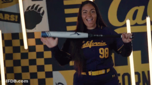 Woman In California 98 Jersey Holding Baseball Bat GIF