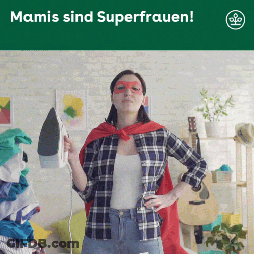 Woman In Cape And Mask Ironing Mamis Sind Superfrauen GIF