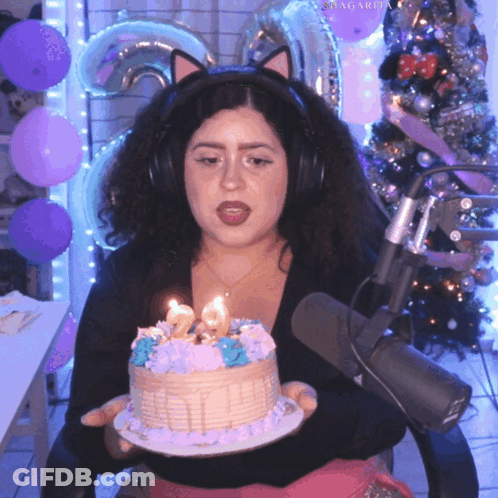 Woman In Cat Ear Headband Holding Birthday Cake GIF