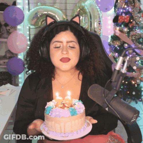 Woman In Cat Ears Holding Cake With Candles GIF