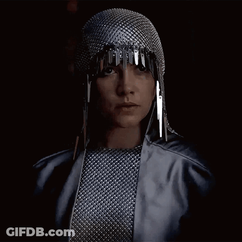 Woman In Chain Mail Helmet And Silver Jacket GIF