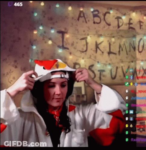 Woman In Chicken Costume Adjusting Hat GIF