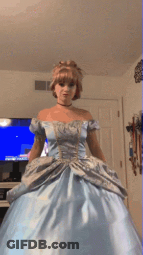 Woman In Cinderella Dress In Front Of TV GIF