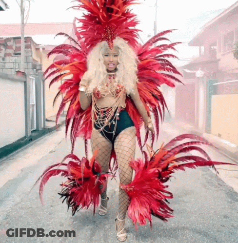 Woman In Colorful Feathered Costume Walking GIF