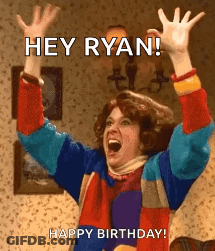 Woman In Colorful Sweater Raising Arms Saying Hey Ryan Happy Birthday GIF
