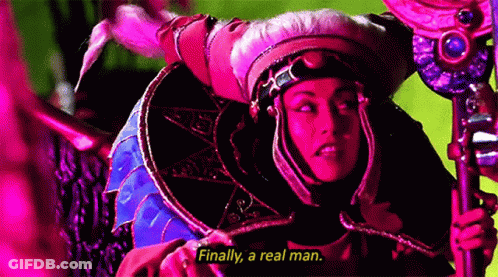 Woman In Costume Holding Sword Saying Finally A Real Man GIF