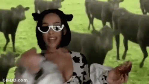 Woman In Cow Costume And Sunglasses With Herd Of Cows GIF