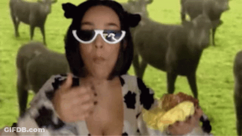 Woman In Cow Costume Holding Hamburger Before Sheep GIF