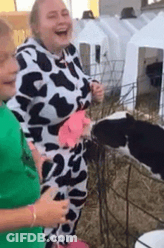 Woman In Cow Print Costume Next To Baby Cow GIF