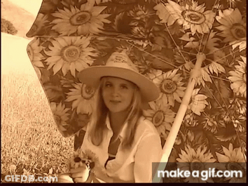 Woman In Cowboy Hat Holding Sunflower Under Umbrella GIF