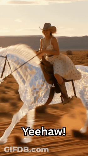Woman In Cowboy Hat Riding Horse Saying Yeehaw GIF