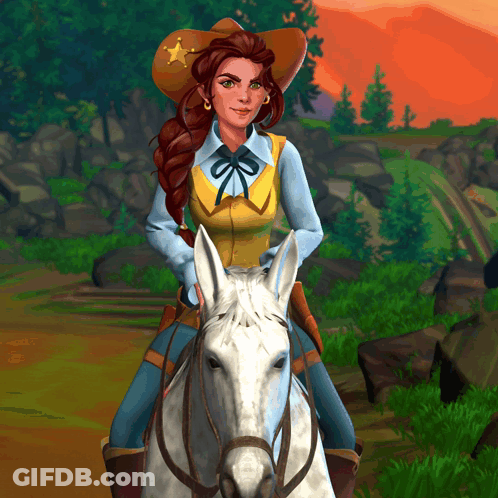 Woman In Cowboy Hat Riding White Horse GIF