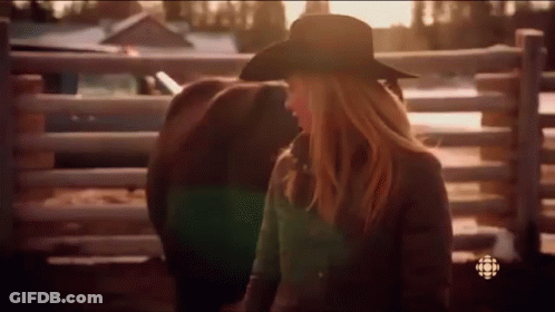 Woman In Cowboy Hat Standing Next To Horse In Stable GIF