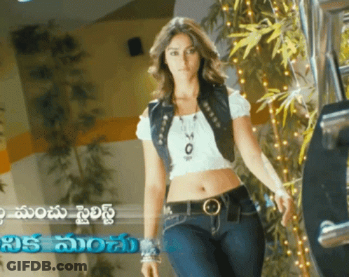 Woman In Crop Top And Jeans Before Telugu Sign GIF