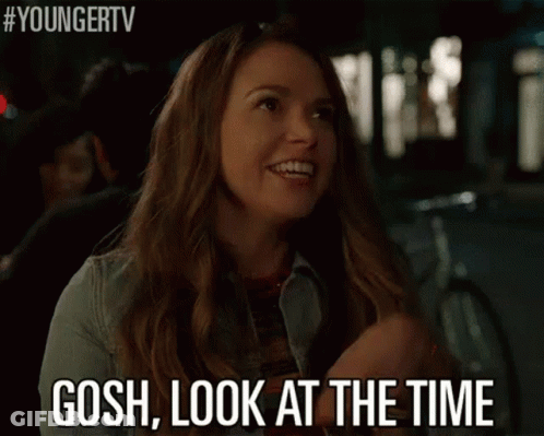 Woman In Denim Jacket Says Gosh Look At Time GIF