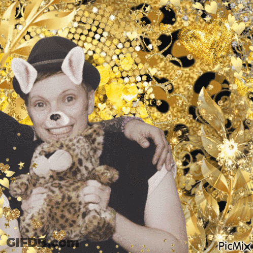 Woman In Dog Hat Holding Stuffed Animal GIF