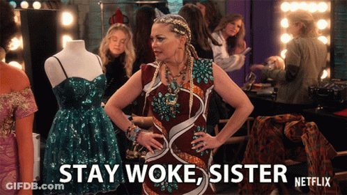 Woman In Dress Saying Stay Woke Sister GIF